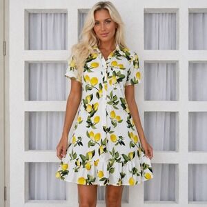 Cynthia Rowley Lemon Print Ruffle Hem Shirt Dress White Yellow Mini Small